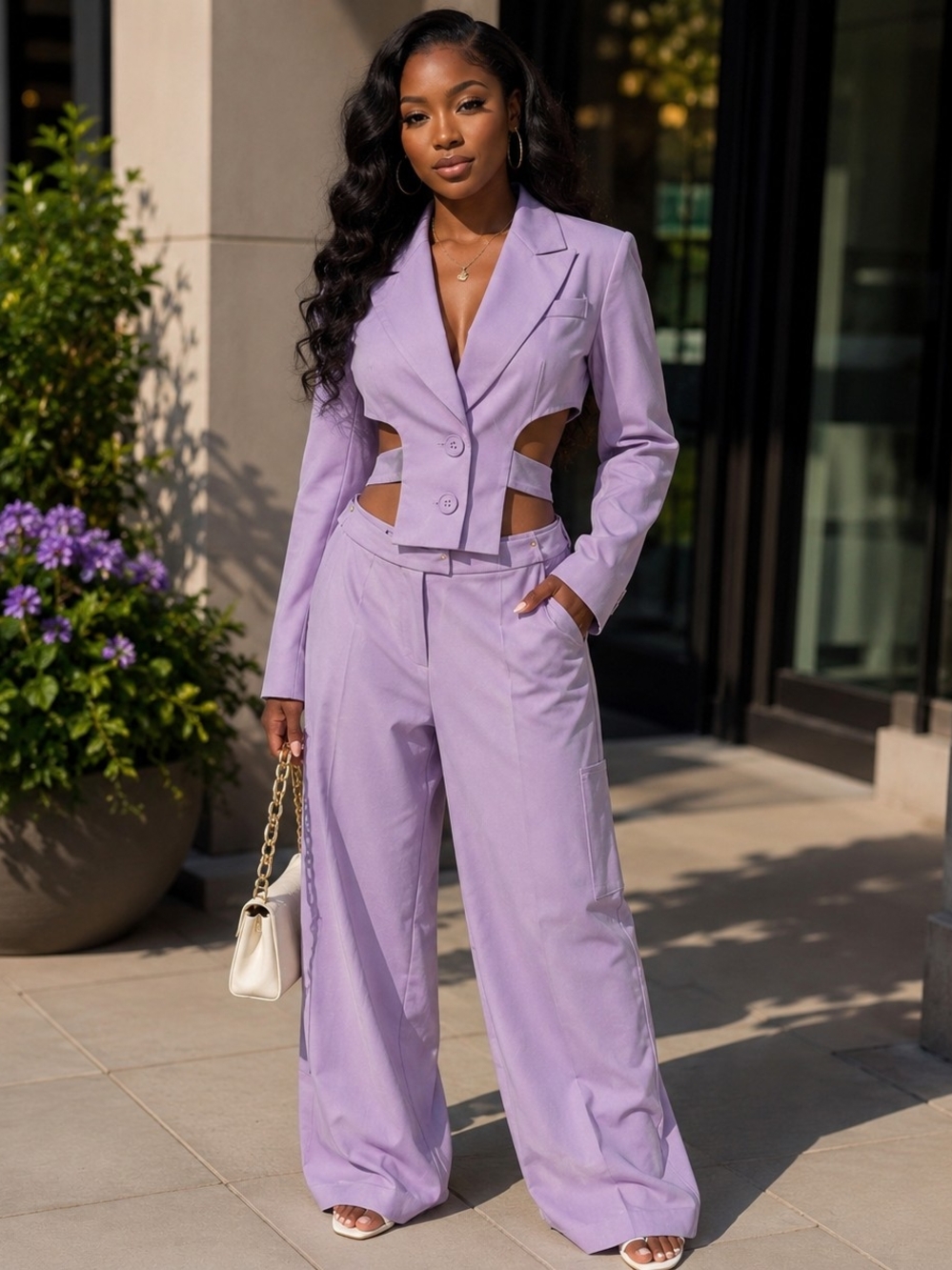 Lavender Cutout Blazer & Cargo Wide-Leg Pants Set